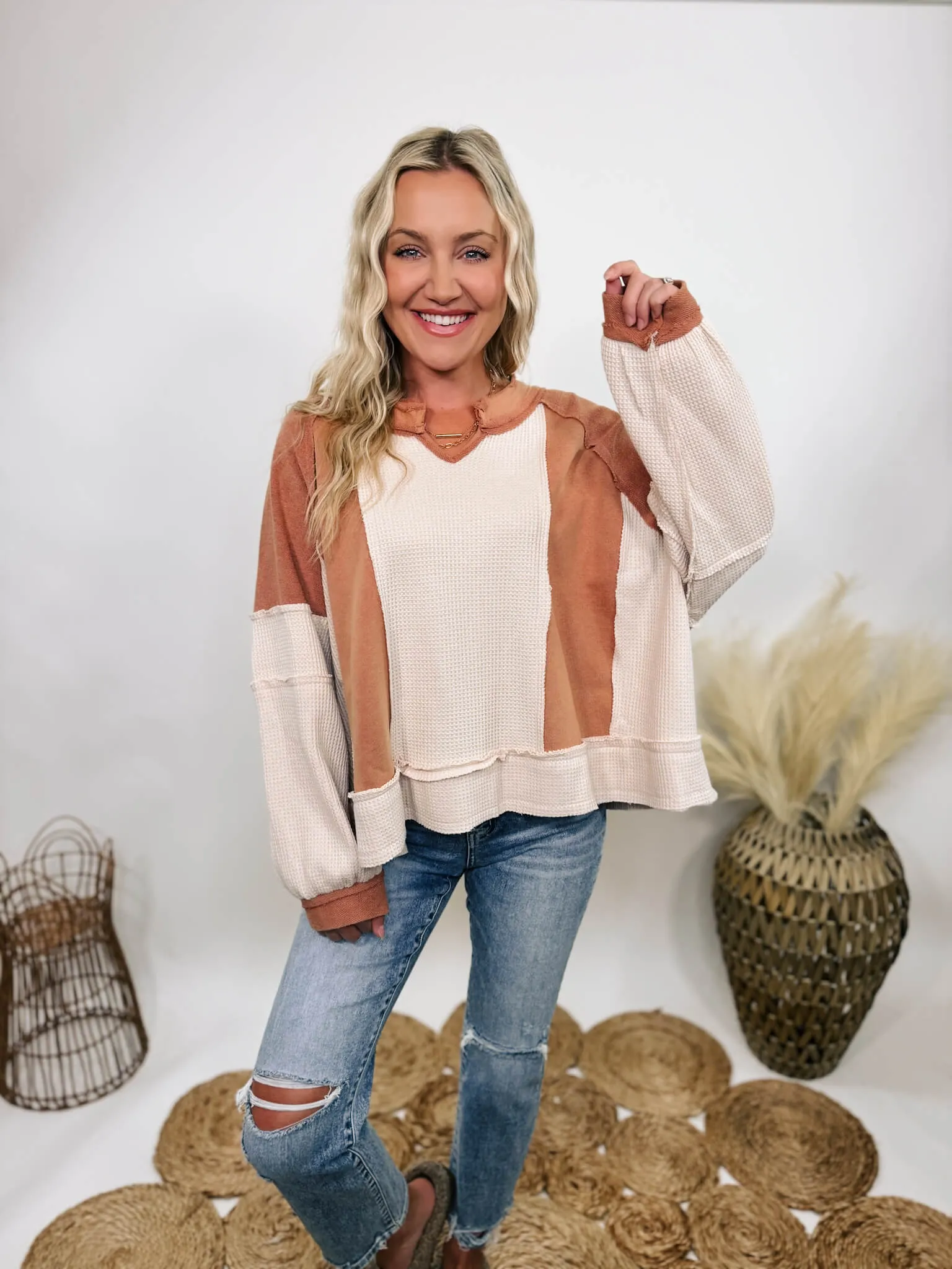 Rust and Cream Mixed Fabric Notched Neck Long Sleeve Oversized Knit Top by POL Clothing