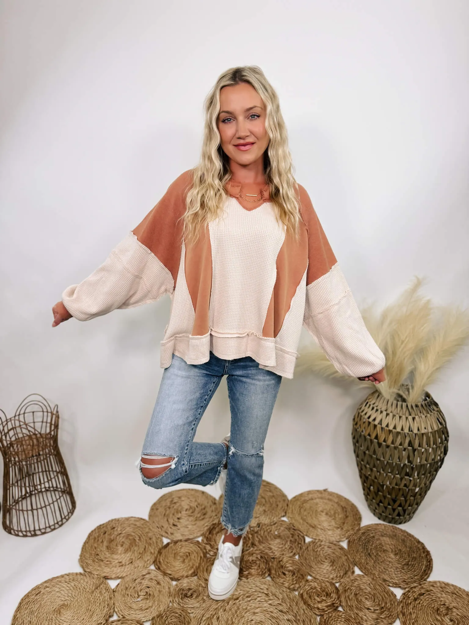 Rust and Cream Mixed Fabric Notched Neck Long Sleeve Oversized Knit Top by POL Clothing