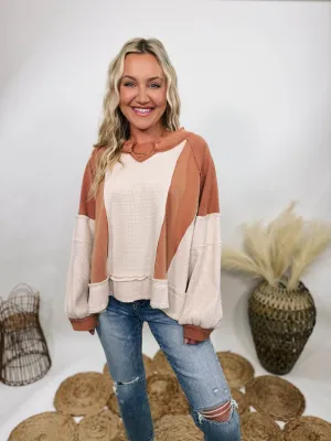 Rust and Cream Mixed Fabric Notched Neck Long Sleeve Oversized Knit Top by POL Clothing