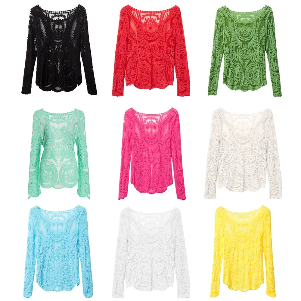 Scoop Collar Long Sleeve See-through Solid Color Women Blouse 3175