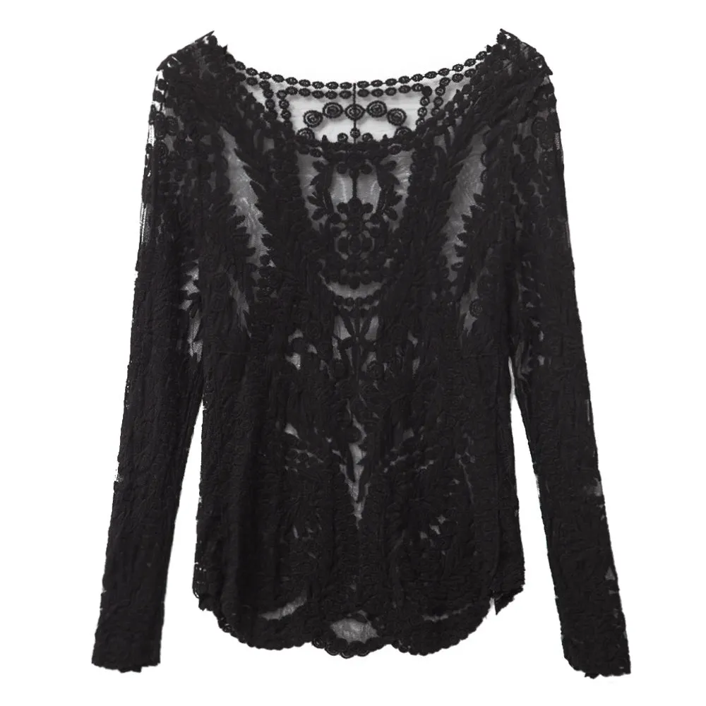 Scoop Collar Long Sleeve See-through Solid Color Women Blouse 3175