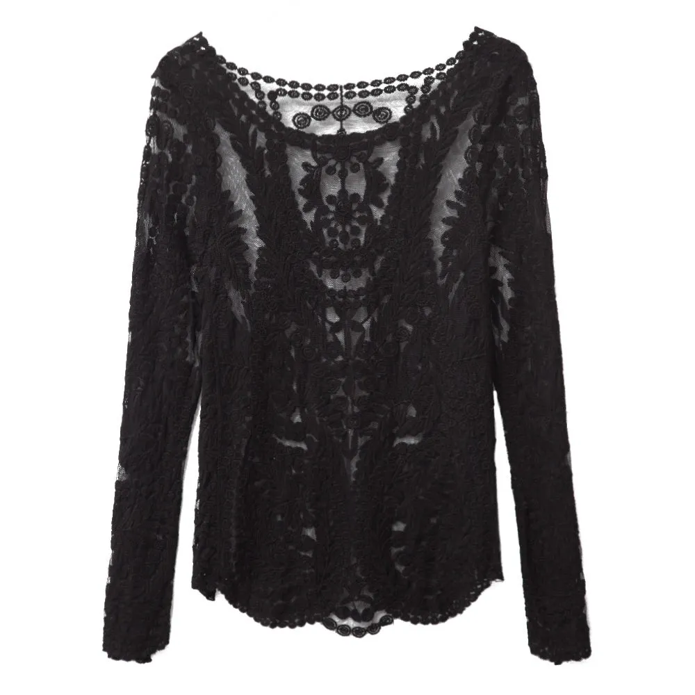 Scoop Collar Long Sleeve See-through Solid Color Women Blouse 3175