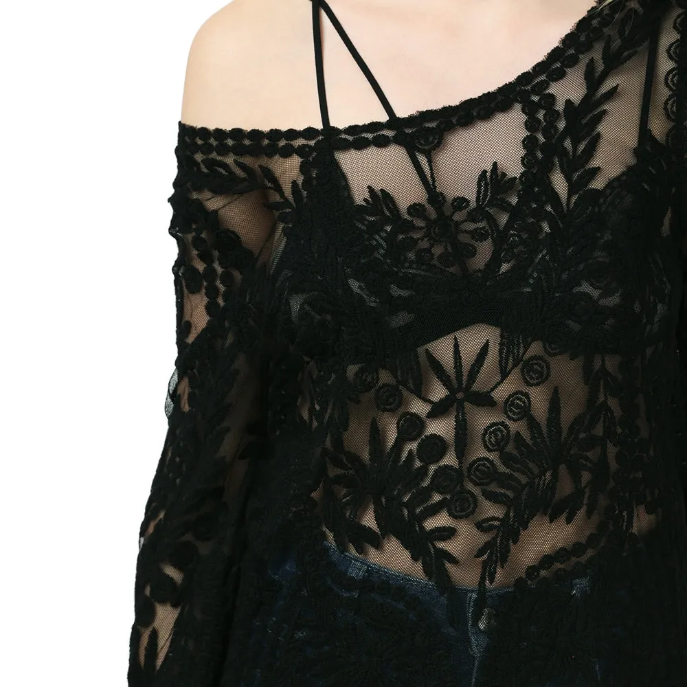 Scoop Collar Long Sleeve See-through Solid Color Women Blouse 3175