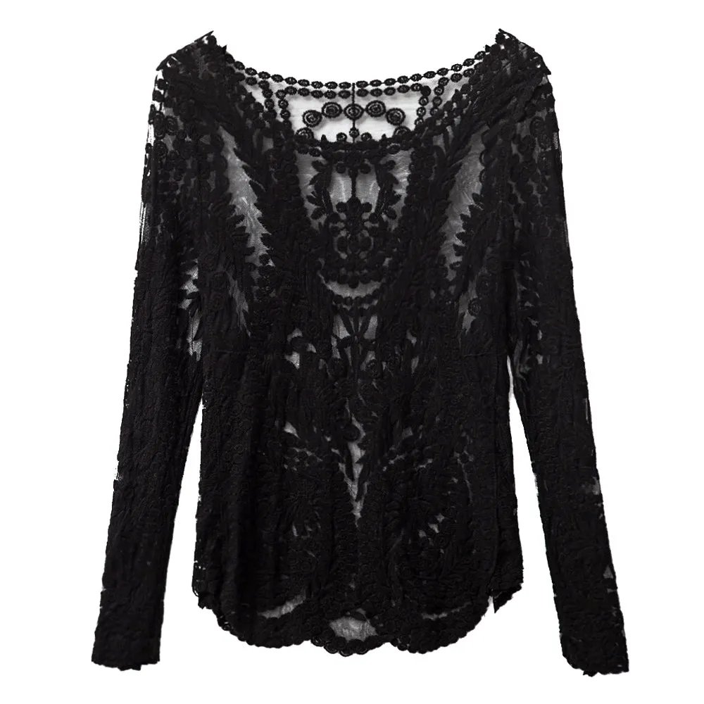 Scoop Collar Long Sleeve See-through Solid Color Women Blouse 3175