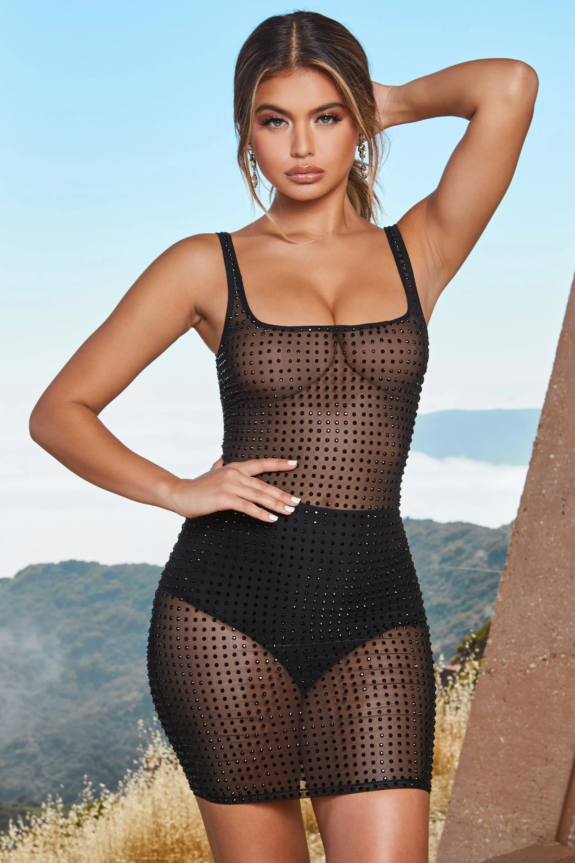 Sheer Delight Sheer Mesh Embellished Mini Dress in Black