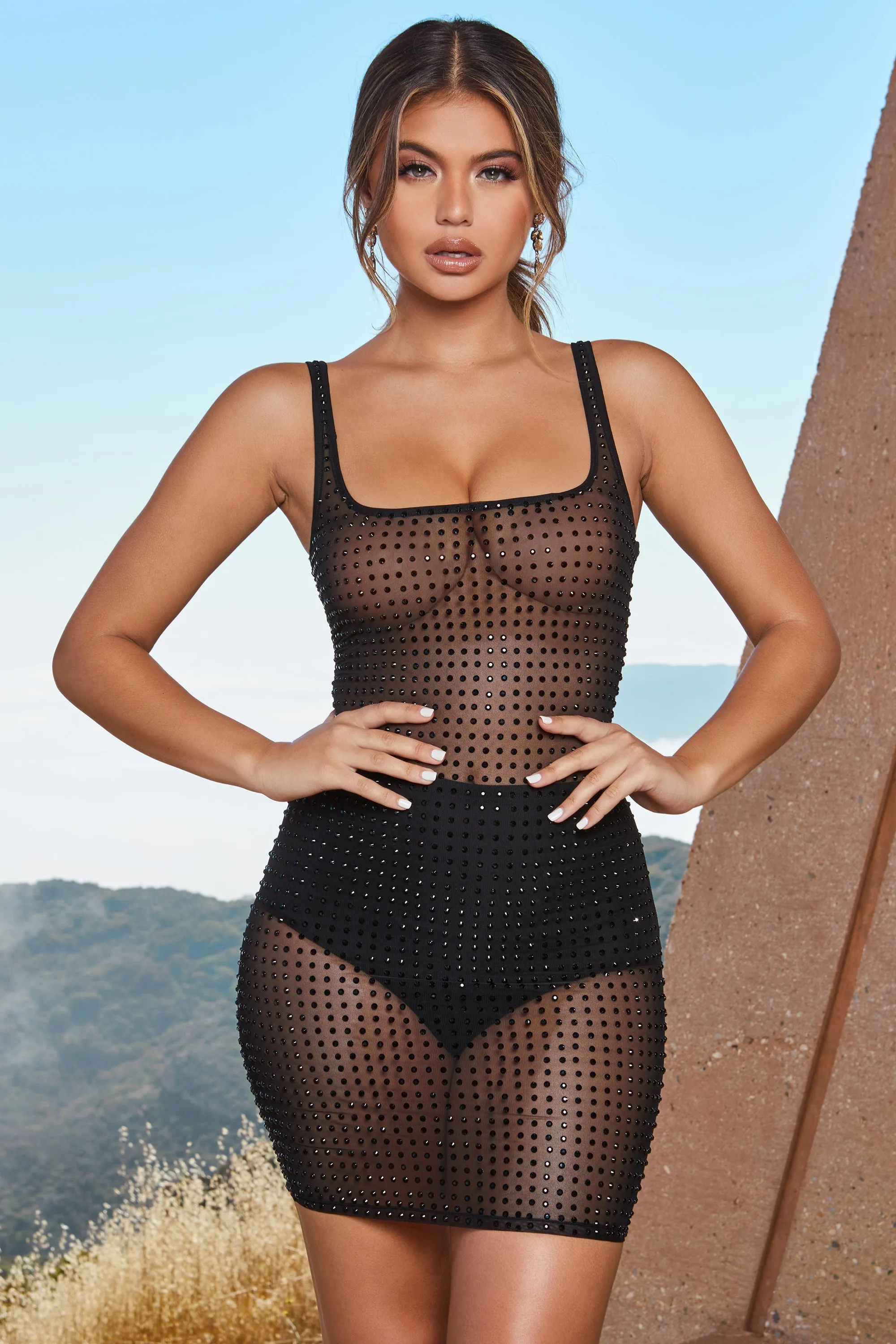 Sheer Delight Sheer Mesh Embellished Mini Dress in Black