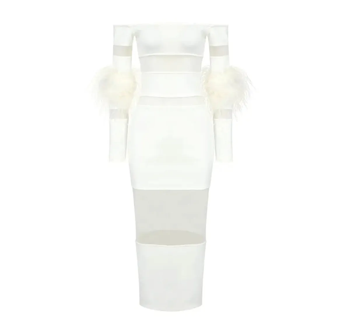 Sheila Off Shoulder Fuzzy Cuff Mesh Insert Dress