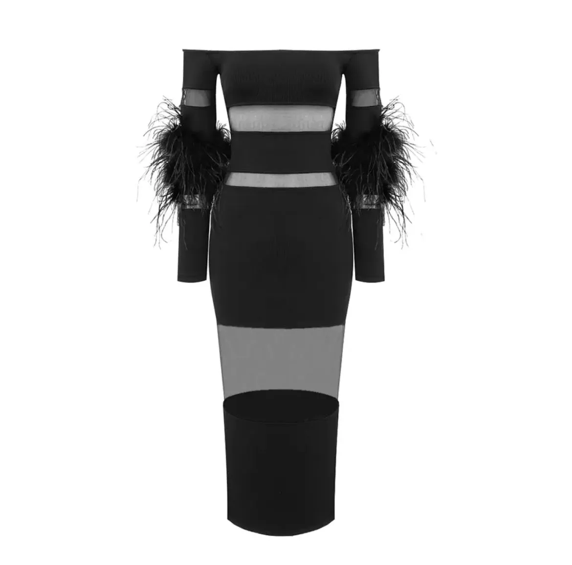 Sheila Off Shoulder Fuzzy Cuff Mesh Insert Dress