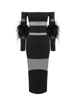 Sheila Off Shoulder Fuzzy Cuff Mesh Insert Dress