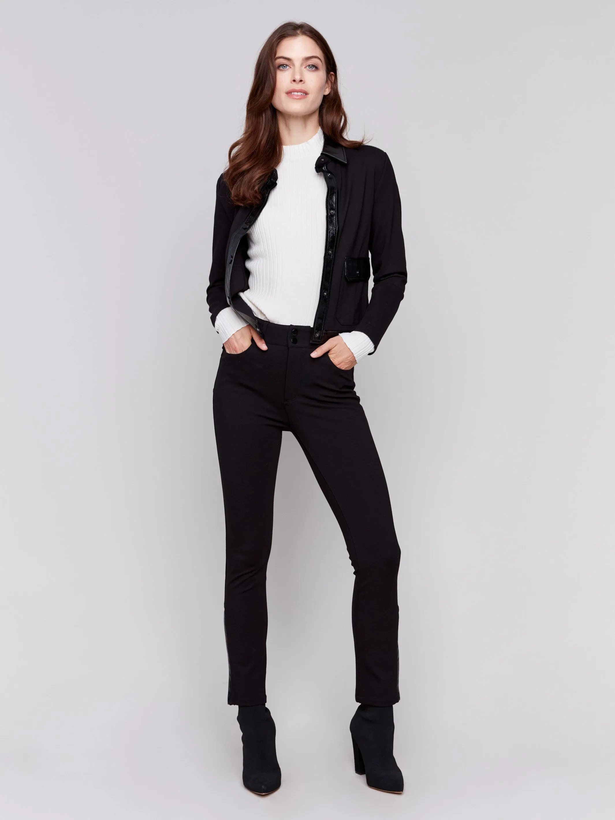 Short Ponte Knit Jacket With Vinyl Trim - Black