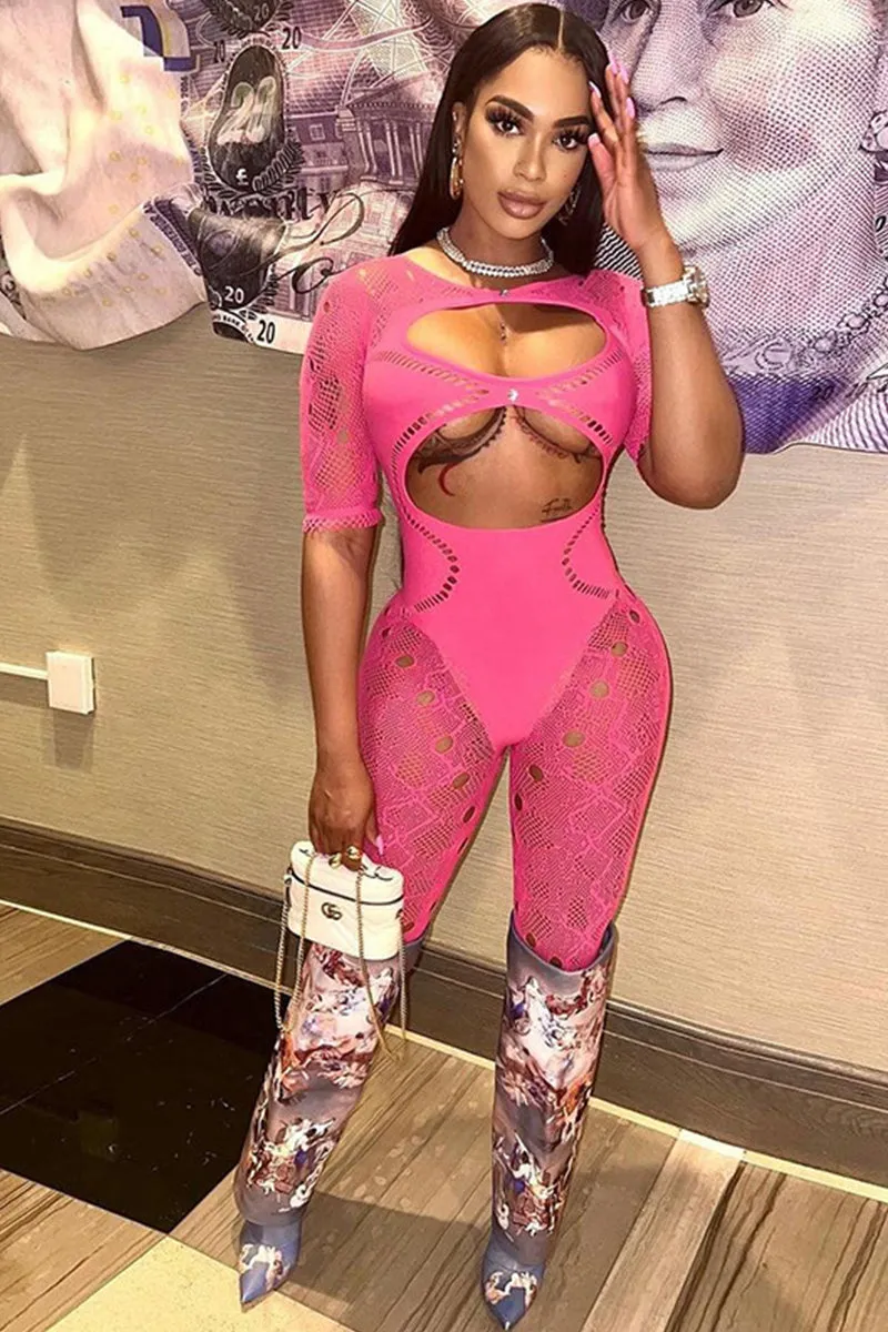 Short Sleeve Lace Cutout Mesh Bodycon Jumpsuit