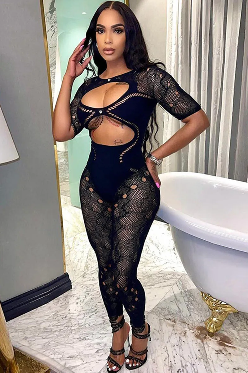 Short Sleeve Lace Cutout Mesh Bodycon Jumpsuit
