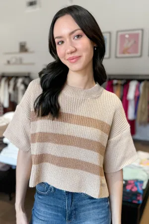 Short Sleeve Striped Sweater Top Beige