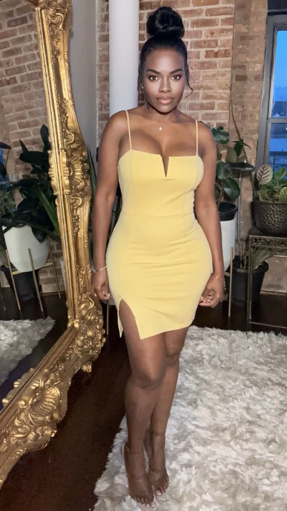 Side Slit Bodycon Dress - Yellow