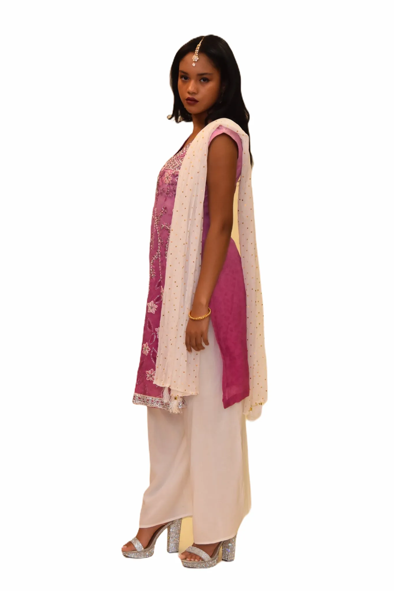 Silk Two Toned Taffy Pink Embroidered Kurti