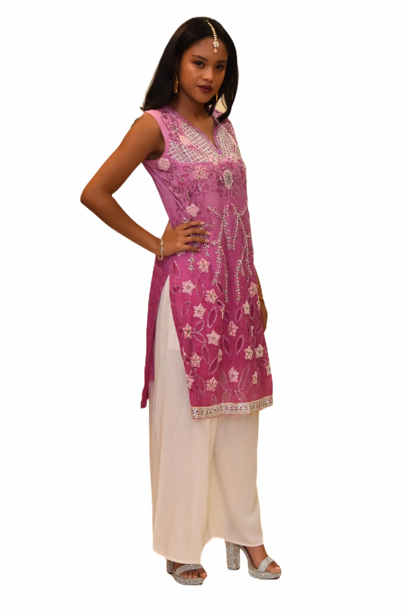 Silk Two Toned Taffy Pink Embroidered Kurti