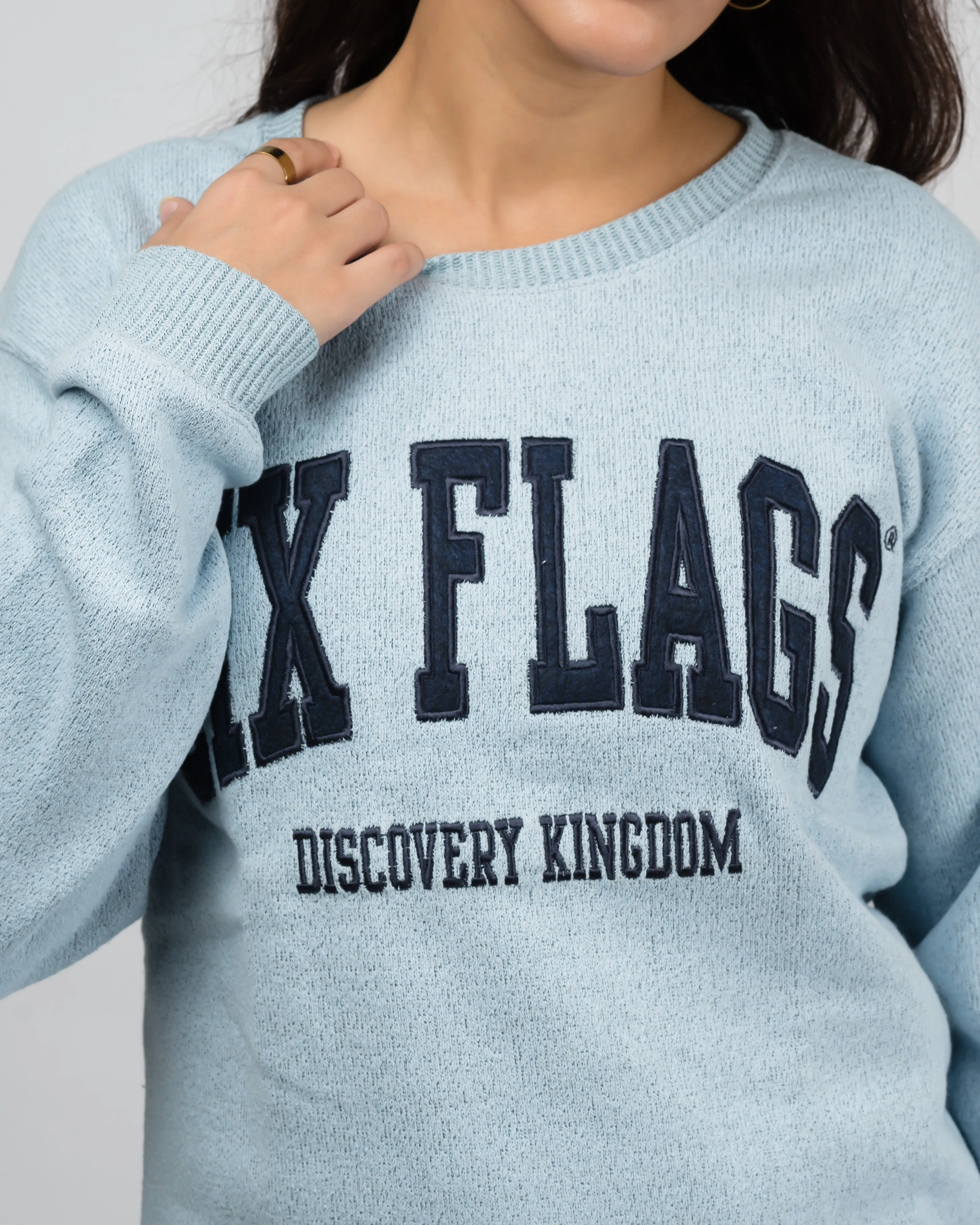 Six Flag Embroidered Irish Knitted Sweater Blue