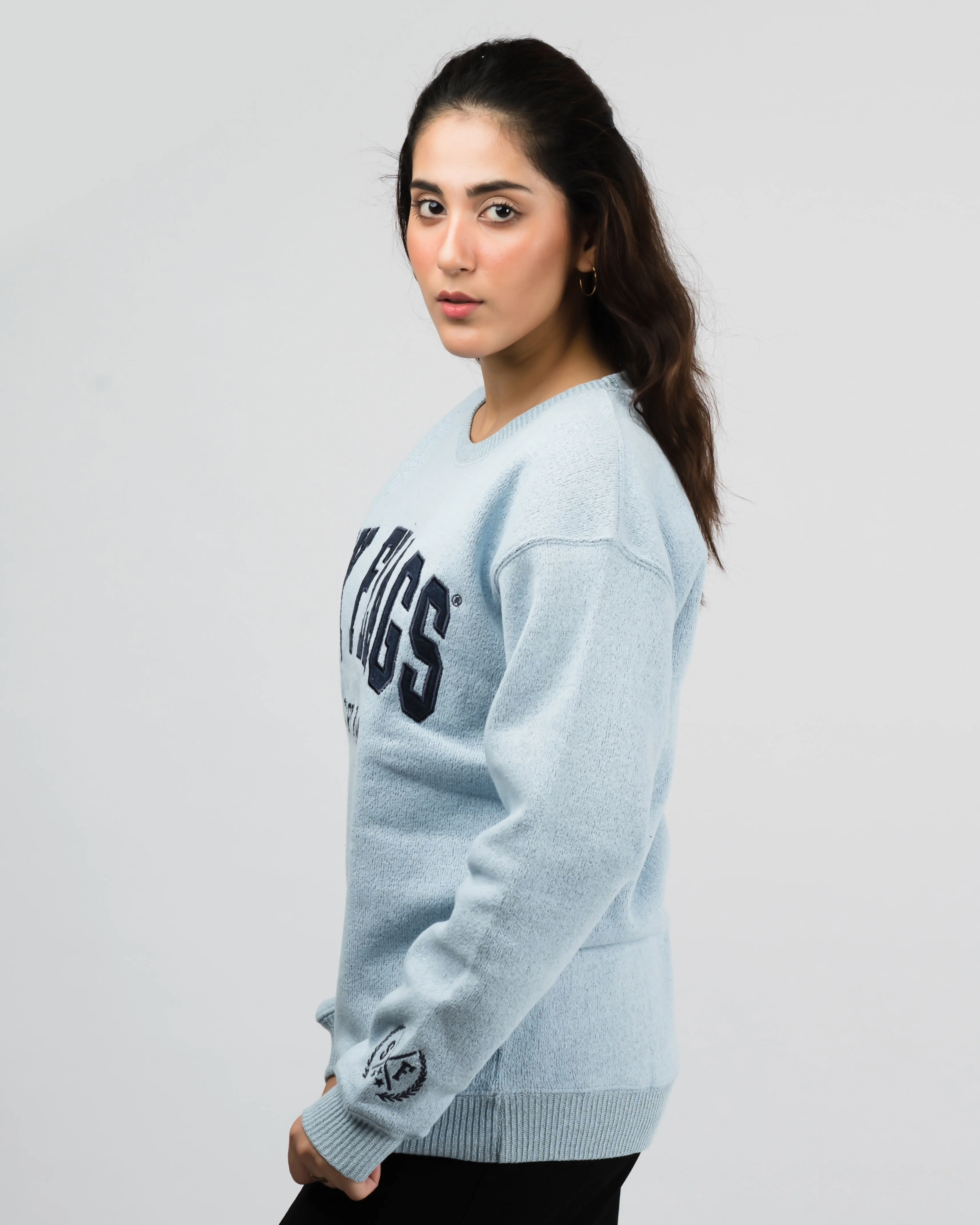 Six Flag Embroidered Irish Knitted Sweater Blue