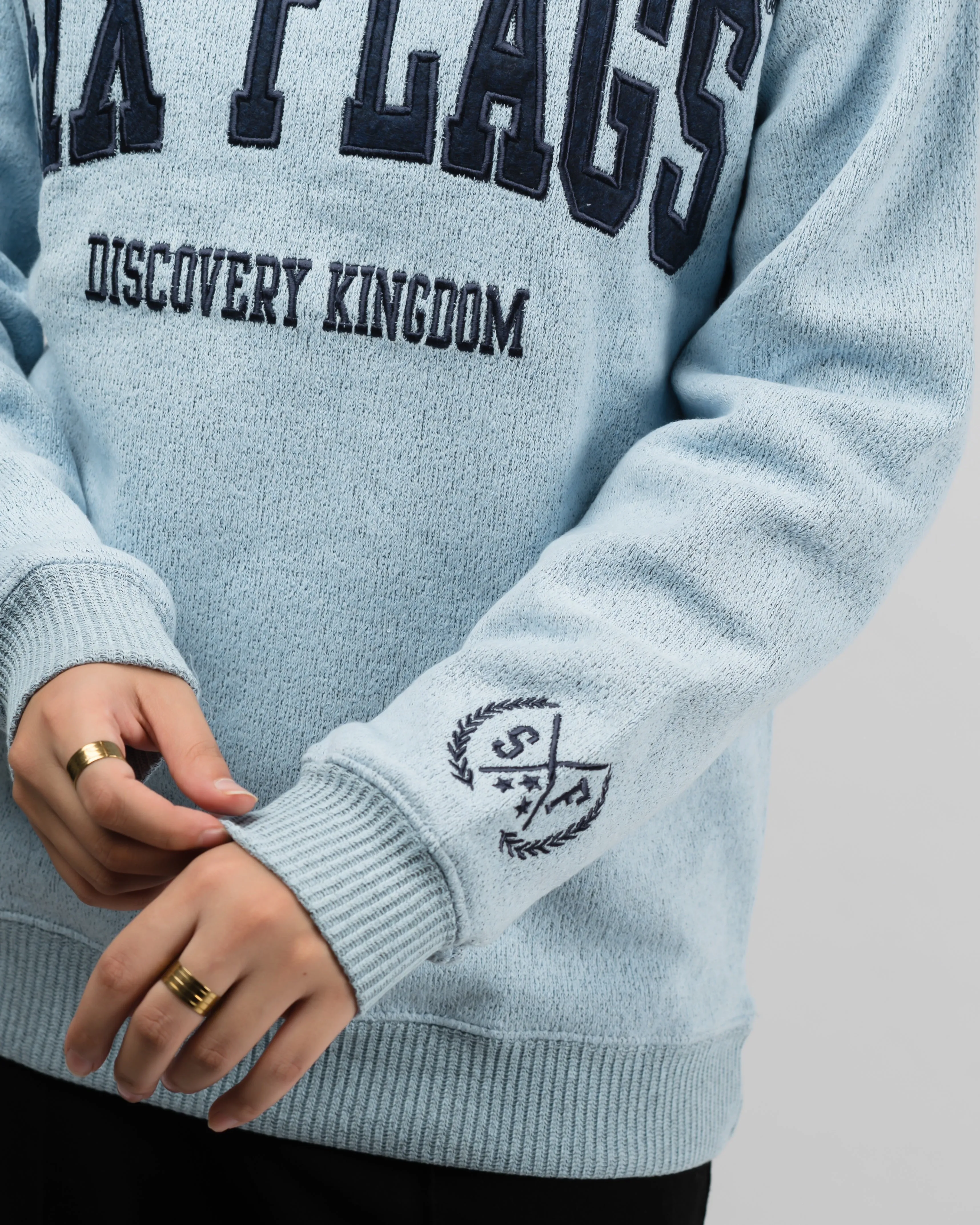 Six Flag Embroidered Irish Knitted Sweater Blue