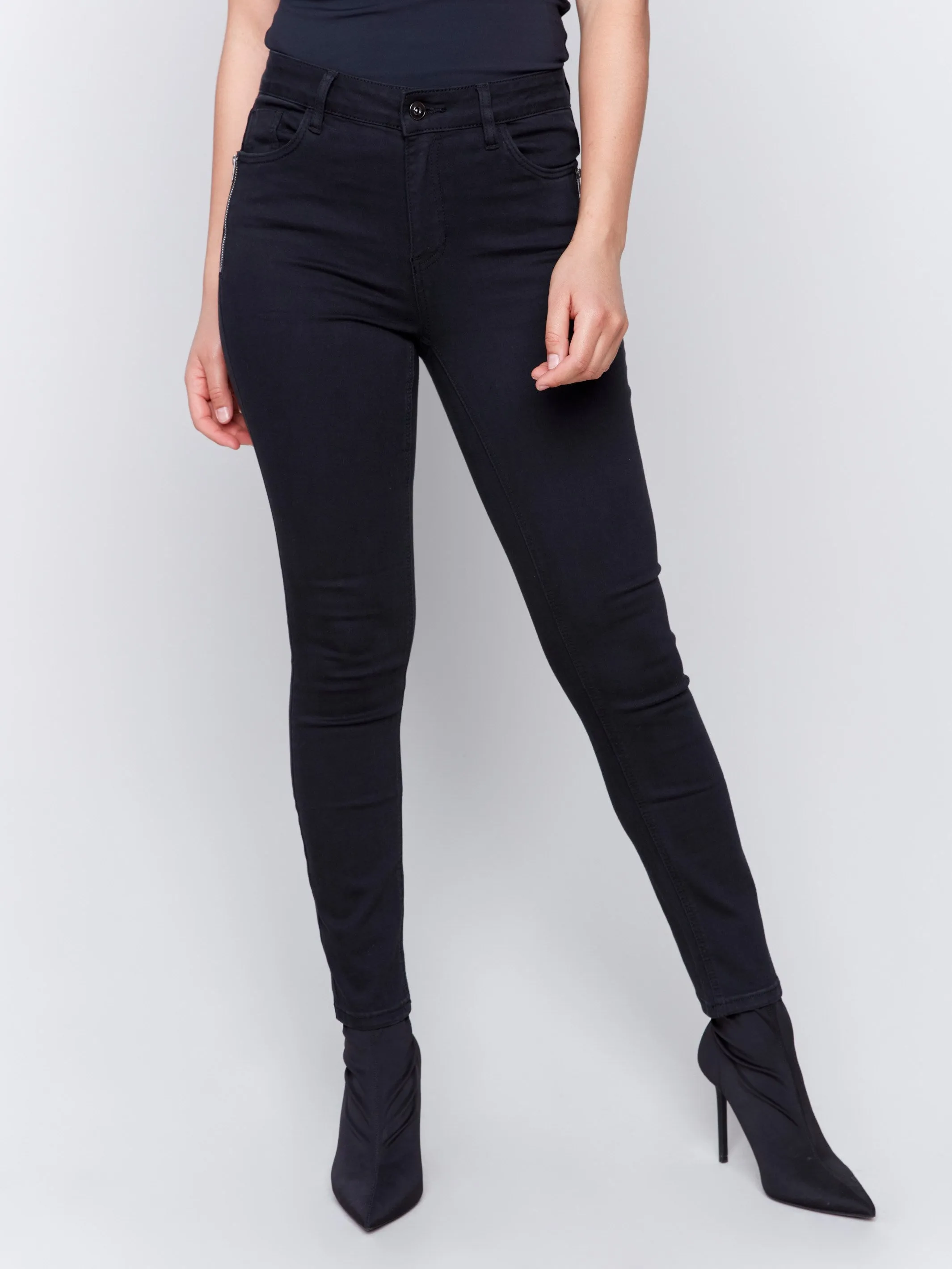 Skinny Twill Pants With Zipper Pocket Detail - Black