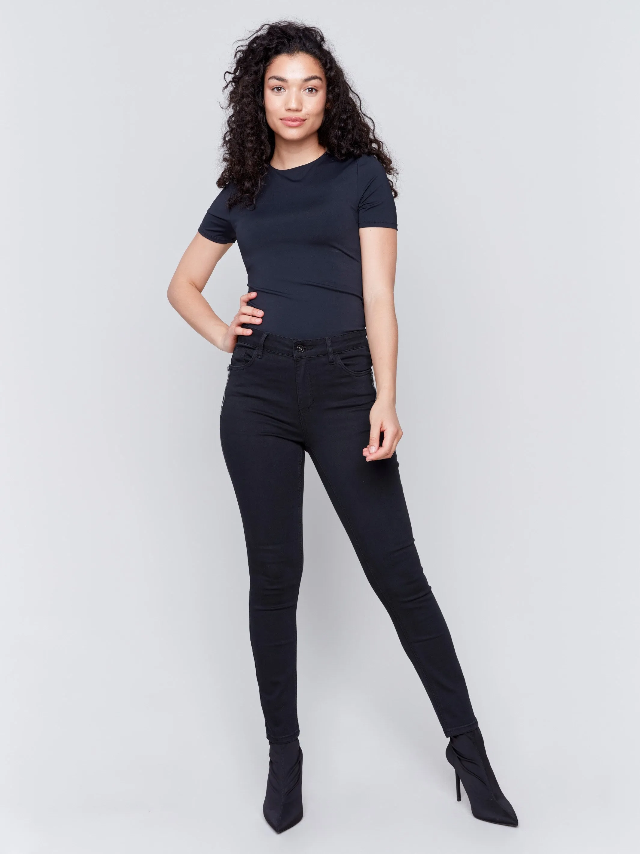 Skinny Twill Pants With Zipper Pocket Detail - Black