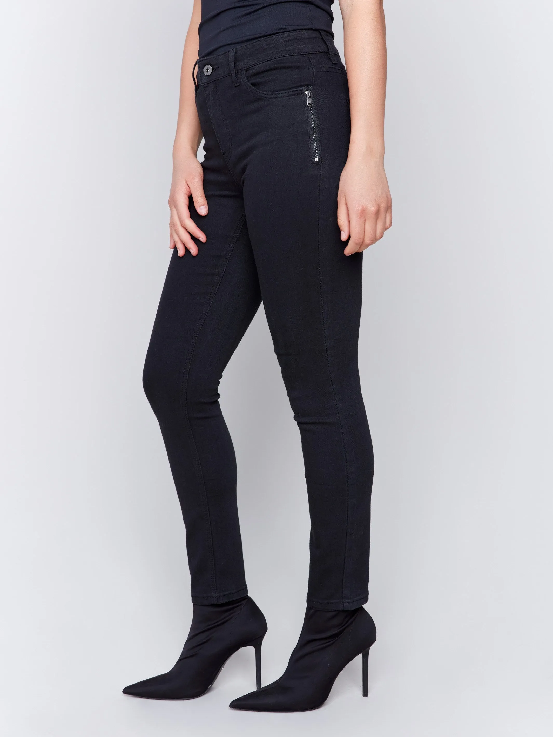 Skinny Twill Pants With Zipper Pocket Detail - Black