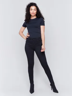 Skinny Twill Pants With Zipper Pocket Detail - Black