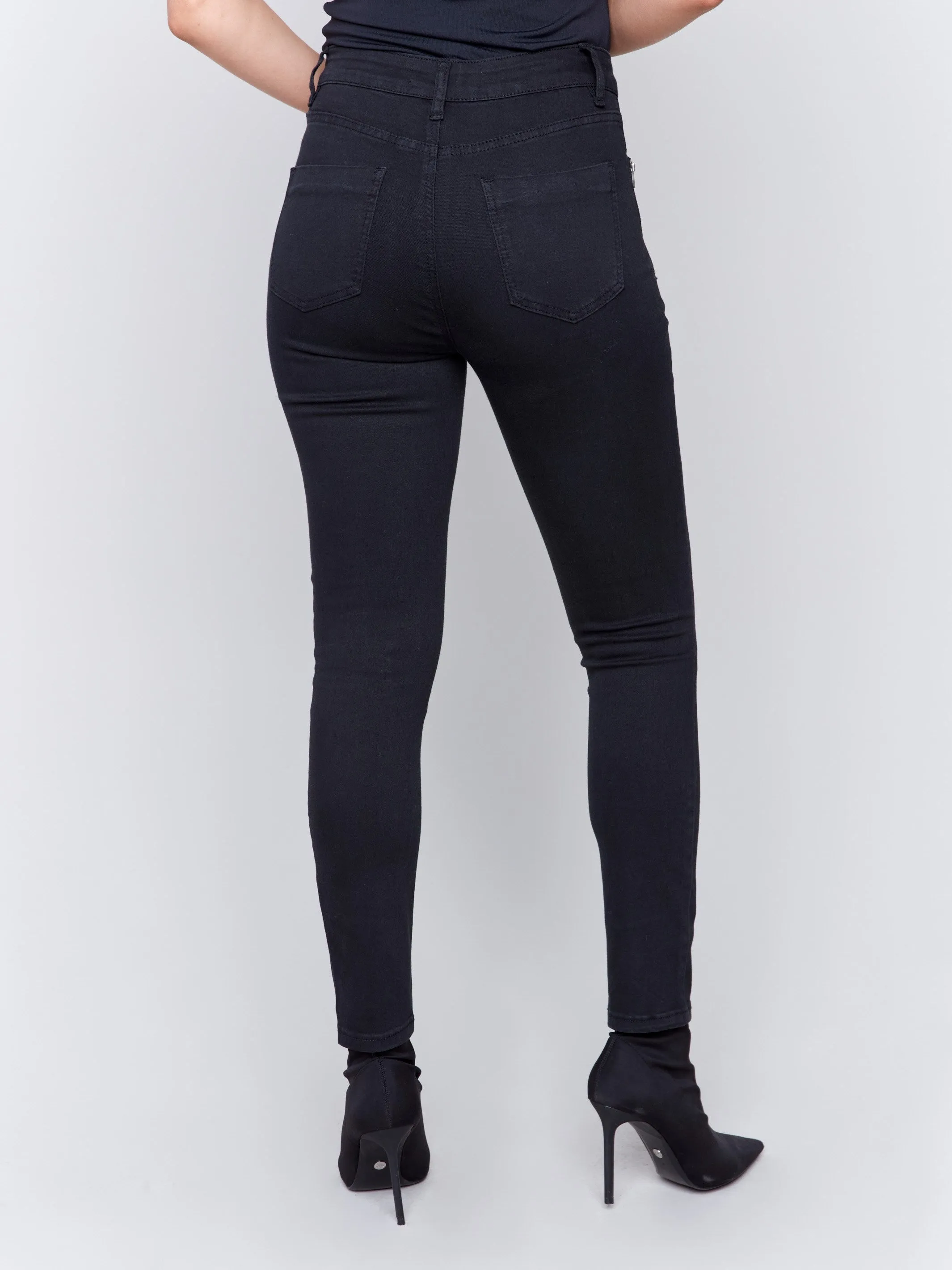 Skinny Twill Pants With Zipper Pocket Detail - Black