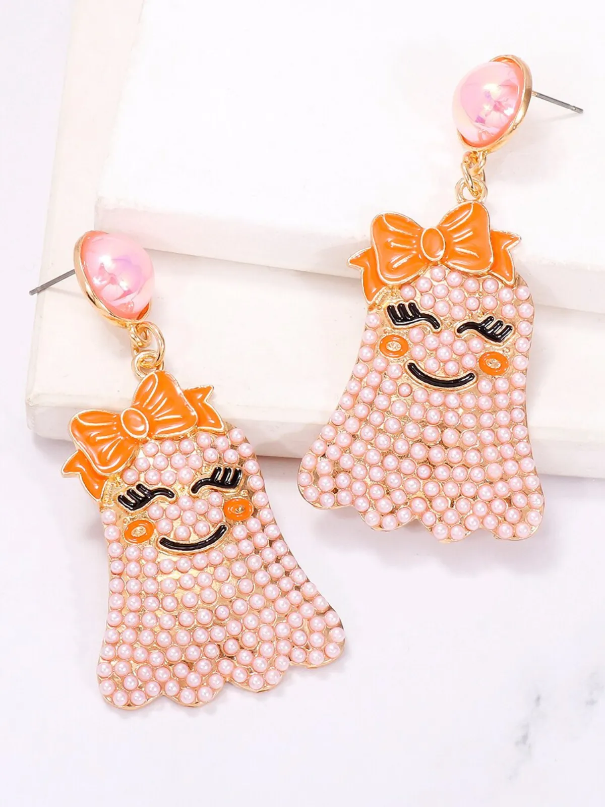 Smiley Spook Beaded Ghost Drop Earrings