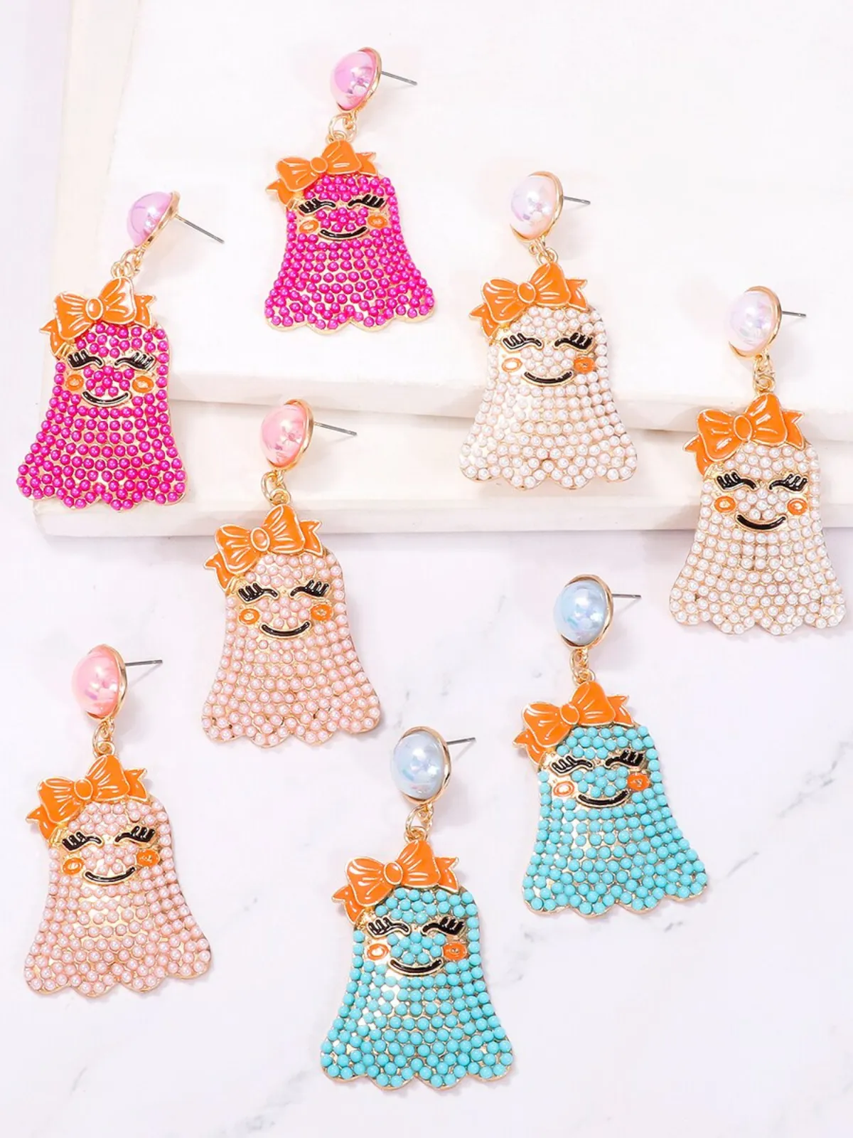 Smiley Spook Beaded Ghost Drop Earrings