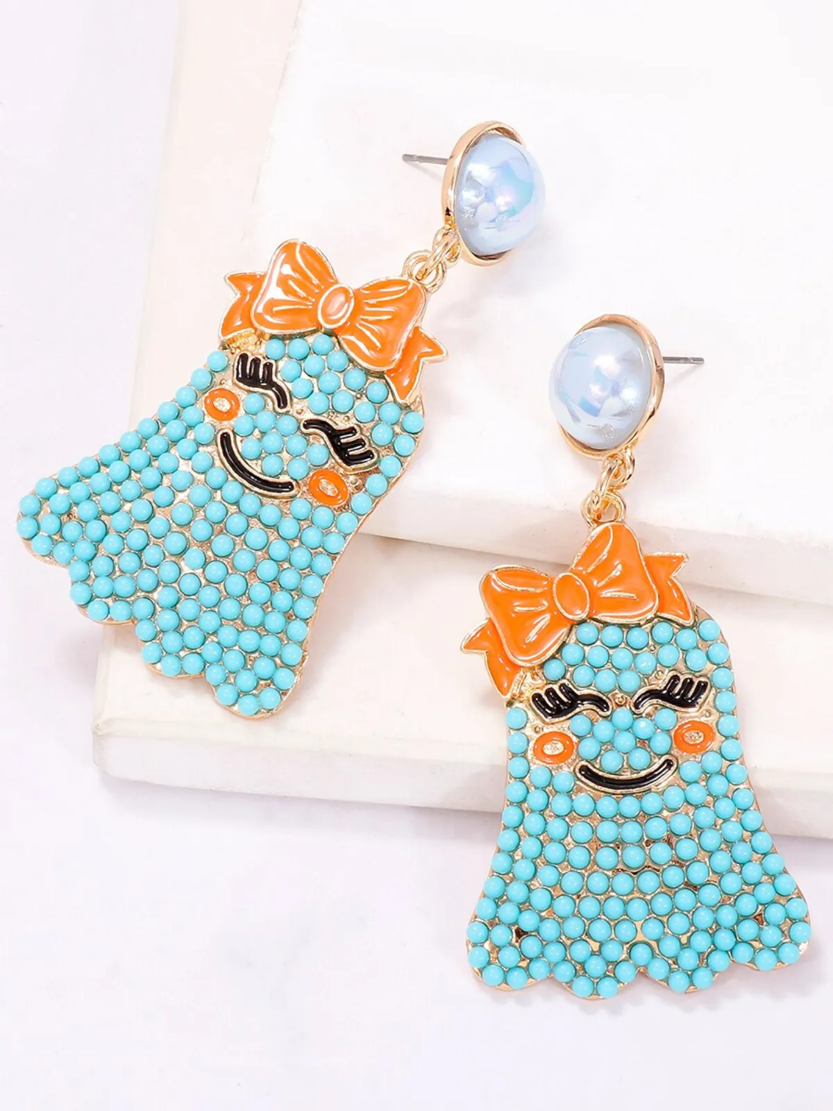 Smiley Spook Beaded Ghost Drop Earrings
