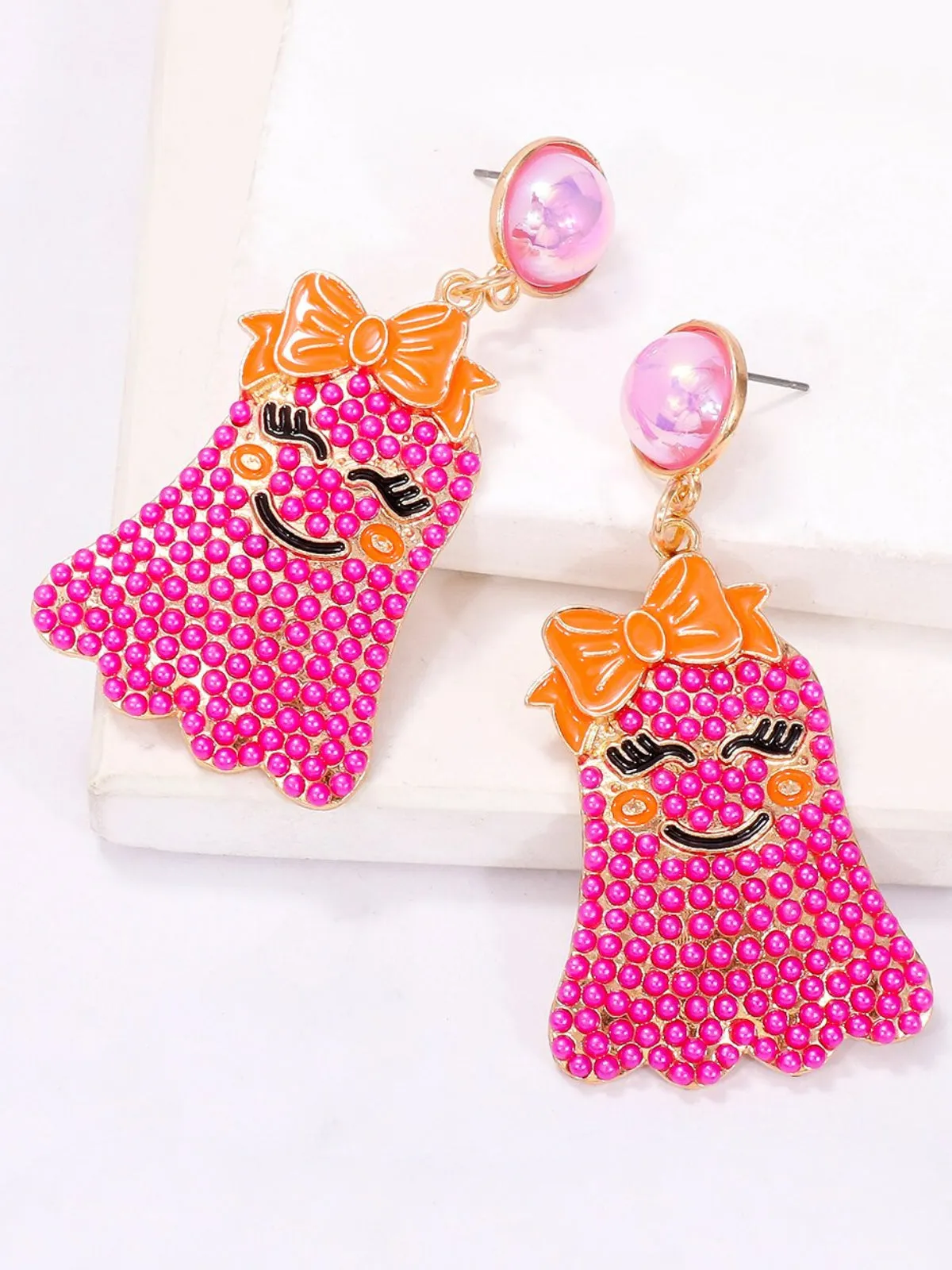 Smiley Spook Beaded Ghost Drop Earrings