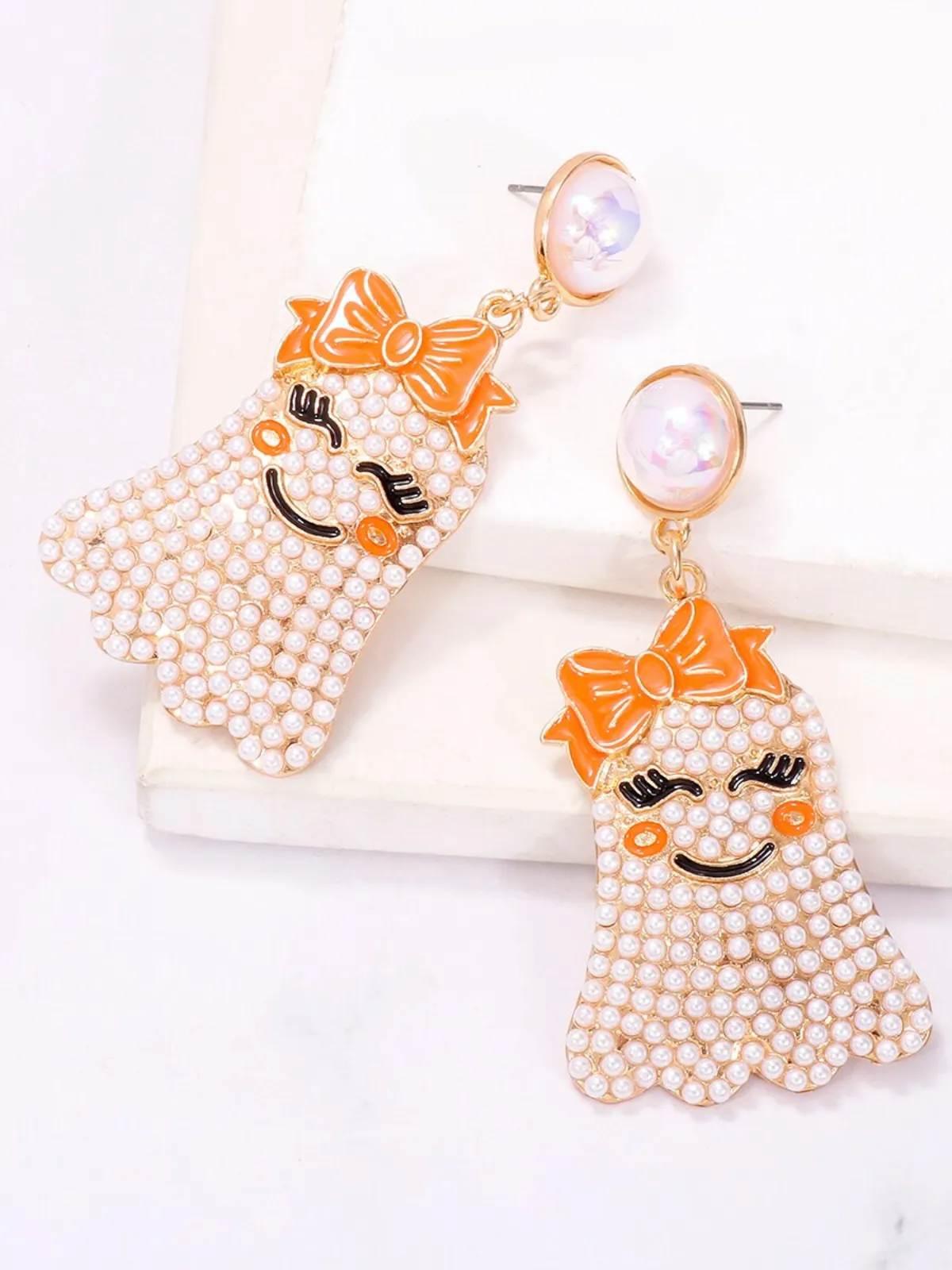 Smiley Spook Beaded Ghost Drop Earrings