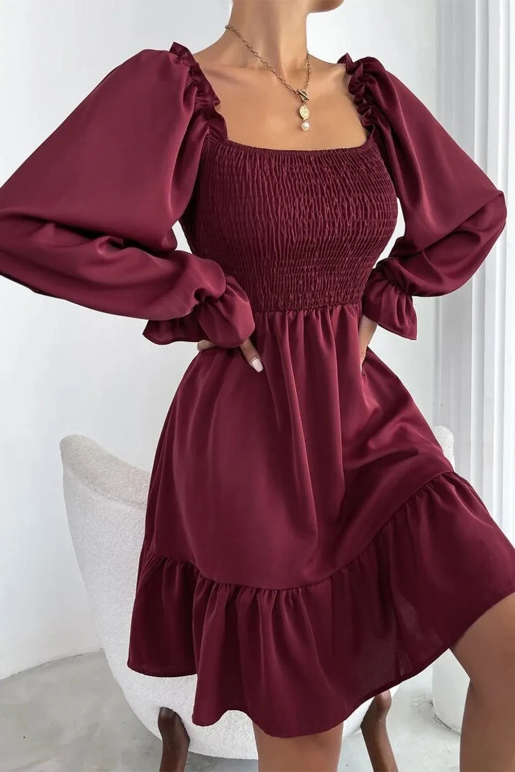 Smocked Ruffle Puff Sleeve Dress