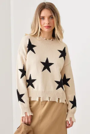 Star Printed Frayed Detail Long Sleeve Sweater