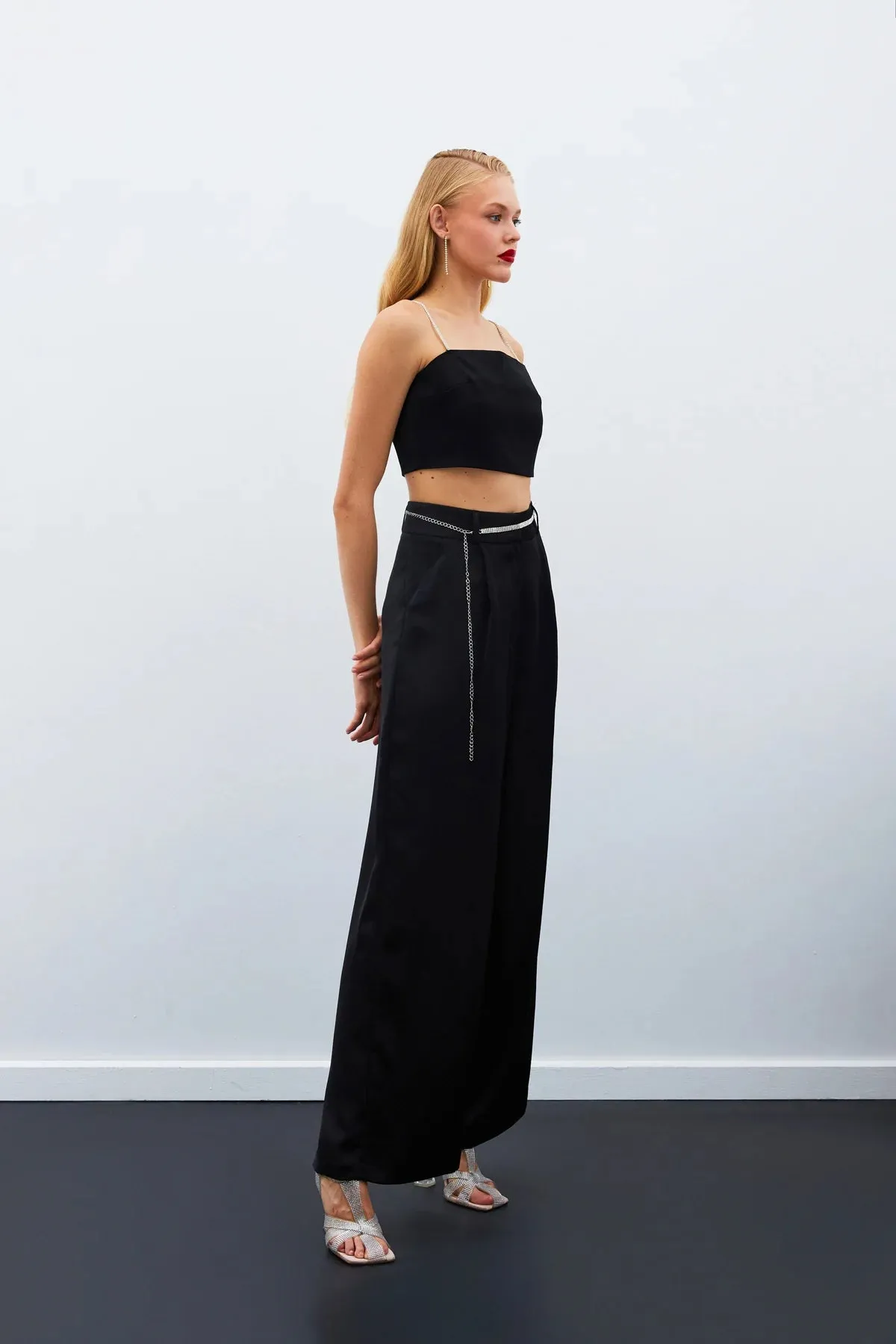 Stone Belt Satin Trousers - BLACK