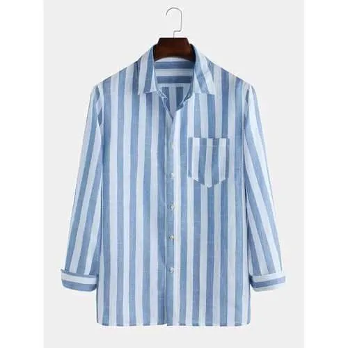 Stripes Lapel Chest Pocket Shirt
