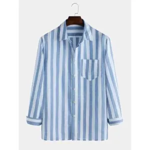 Stripes Lapel Chest Pocket Shirt