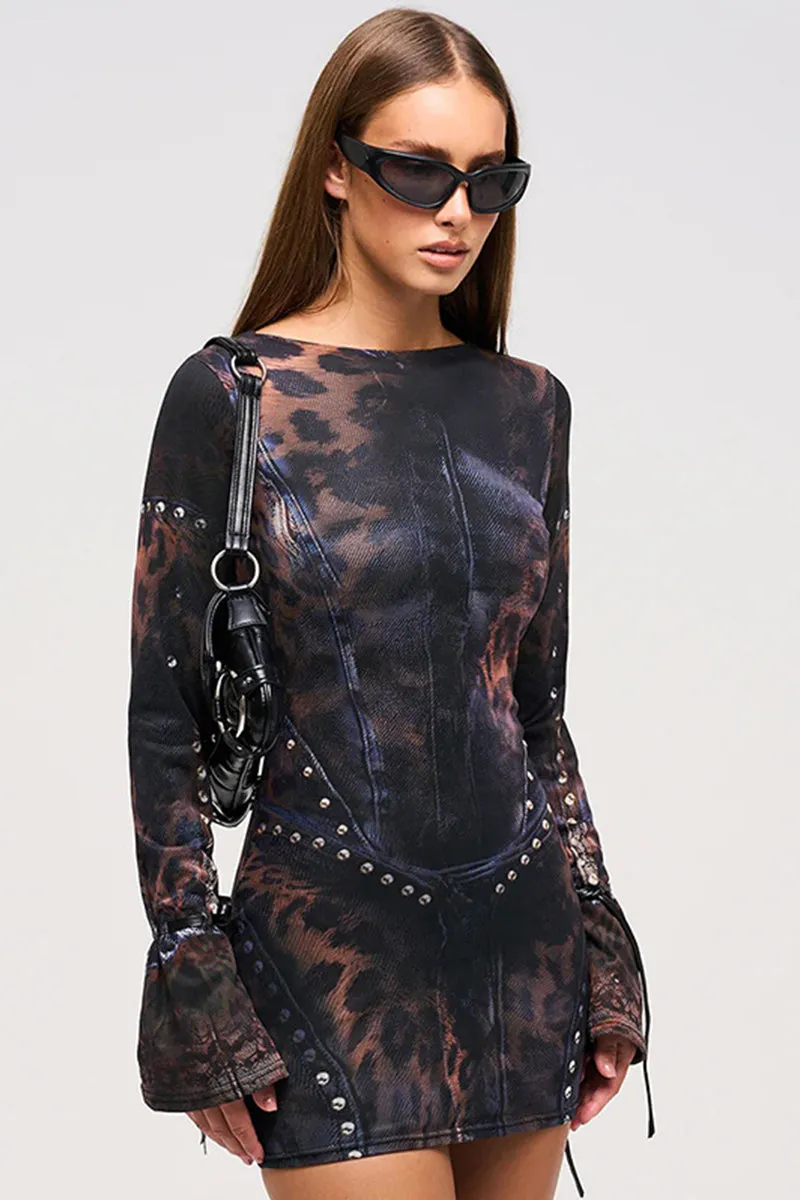 Studded Denim Print Flare Sleeve Bodycon Dress