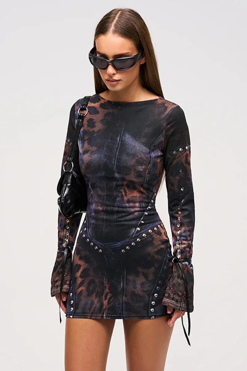 Studded Denim Print Flare Sleeve Bodycon Dress
