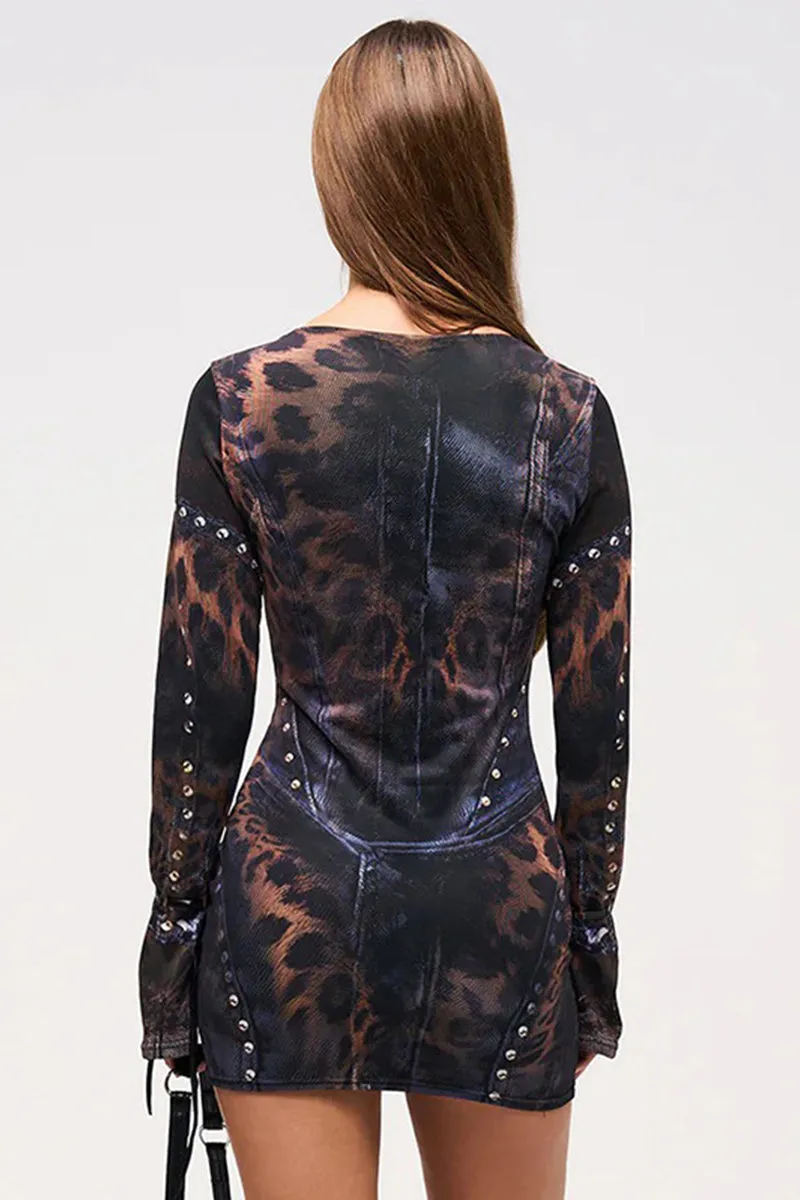Studded Denim Print Flare Sleeve Bodycon Dress