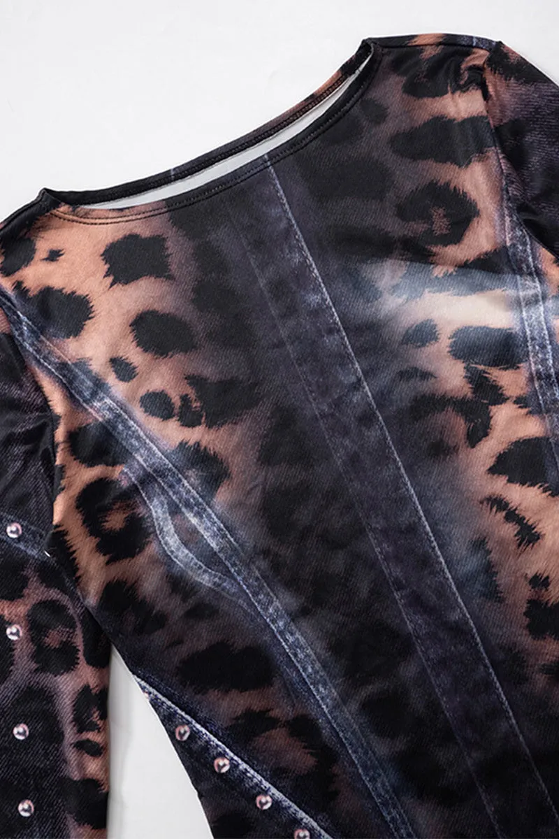Studded Denim Print Flare Sleeve Bodycon Dress