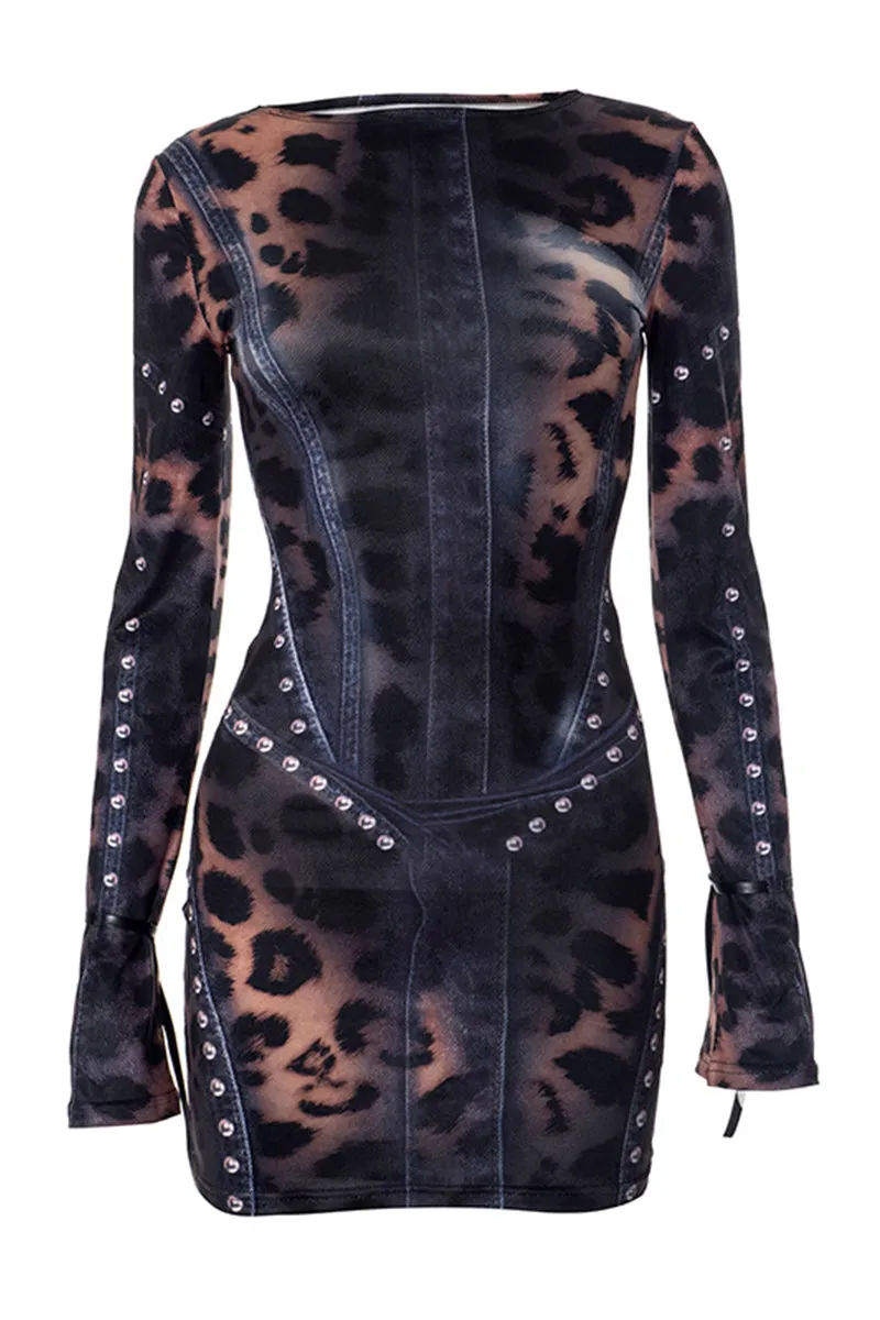 Studded Denim Print Flare Sleeve Bodycon Dress
