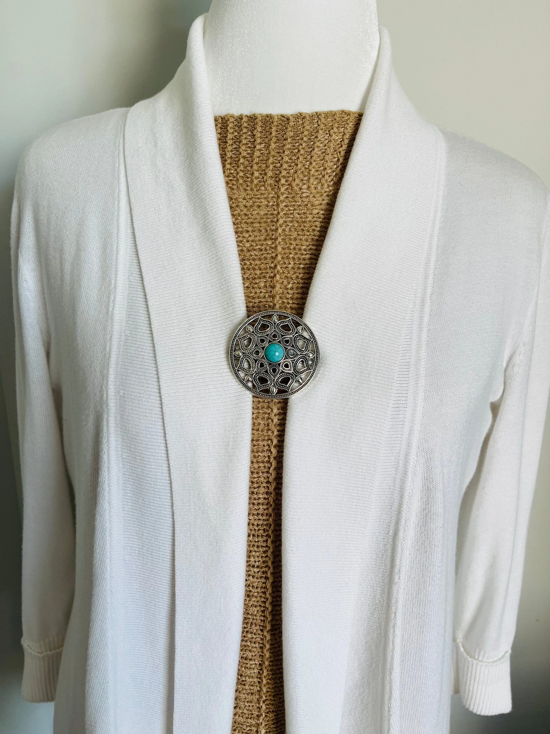 Sweater Clips Silver Medallion Tear Drop Turquoise Sweater Clip Cardigan Clasp Vortex Jewelry Gift Gifts for Her by Fabulici