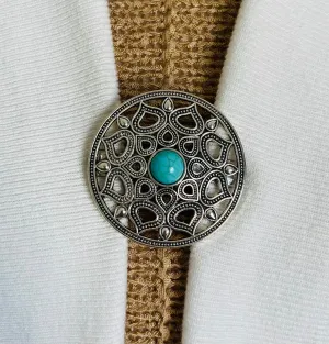 Sweater Clips Silver Medallion Tear Drop Turquoise Sweater Clip Cardigan Clasp Vortex Jewelry Gift Gifts for Her by Fabulici