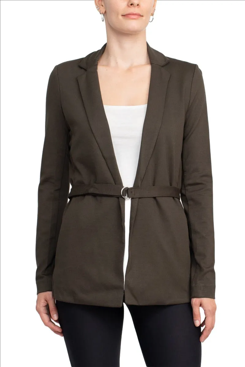 T Tahari Notched Collar Open Front Long Sleeve Ring Style Waist Belt Jacket