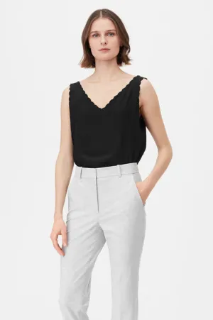 Tailored Silk Charmeuse Scallop Tank - Black