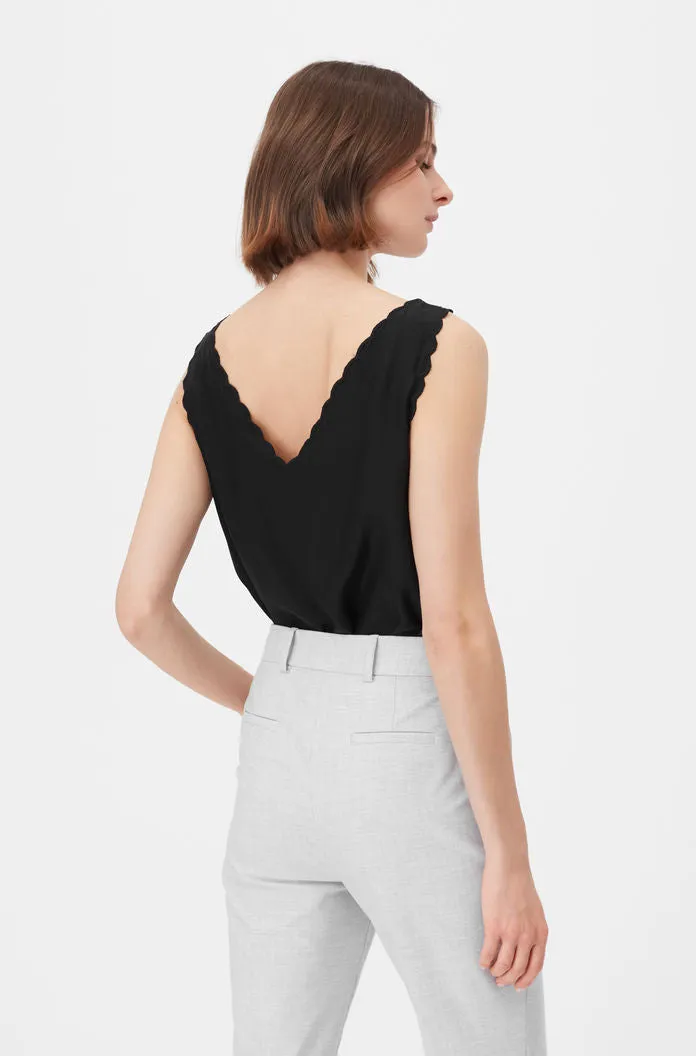Tailored Silk Charmeuse Scallop Tank - Black