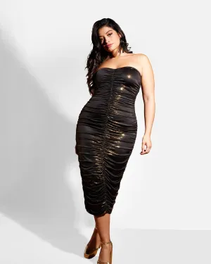 Taryn Sheer Ruched Midi Bodycon Dress - Gold Glitter | Gold Glitter