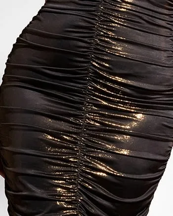 Taryn Sheer Ruched Midi Bodycon Dress - Gold Glitter | Gold Glitter